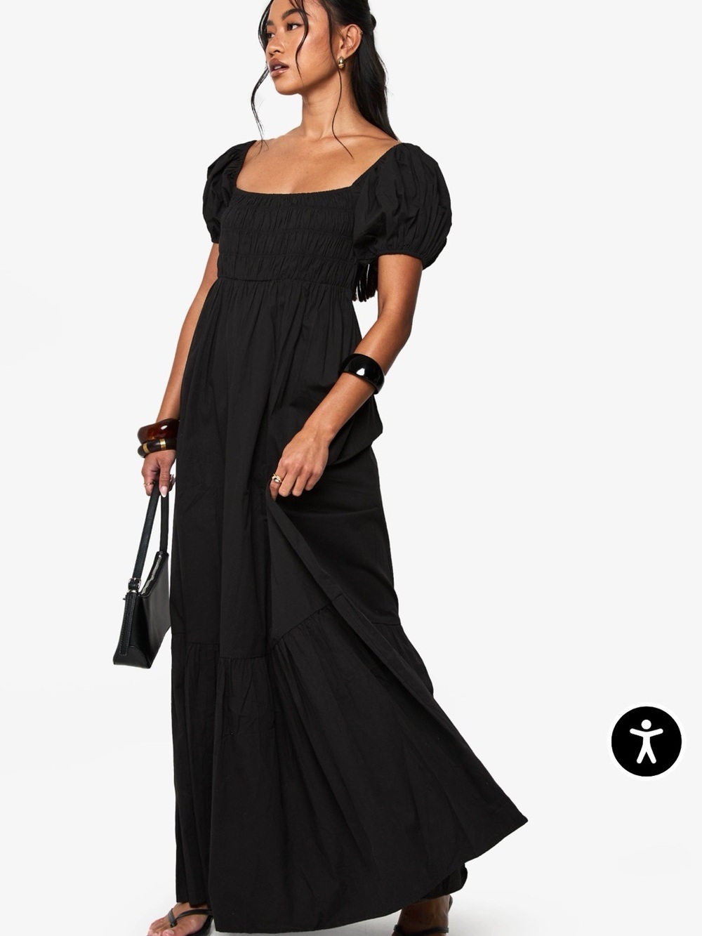 Boohoo Black Smocked Puff-Sleeve Maxi Dress